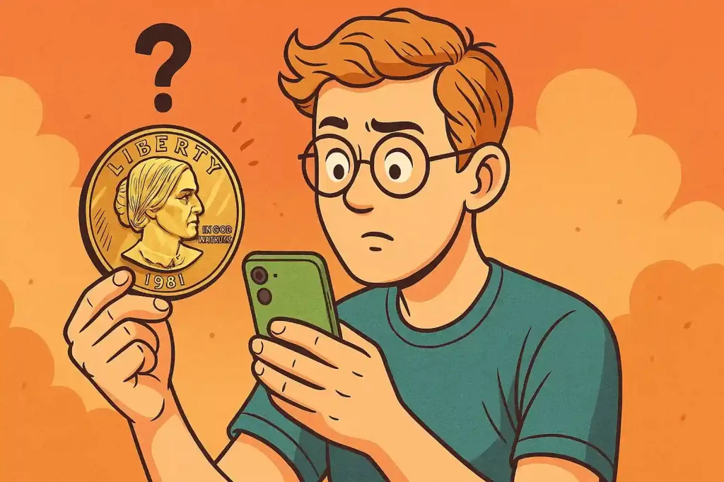 A thoughtful young man with glasses holding a large 1981 Susan B. Anthony dollar coin in one hand and a smartphone in the other.
