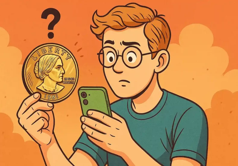 A thoughtful young man with glasses holding a large 1981 Susan B. Anthony dollar coin in one hand and a smartphone in the other.