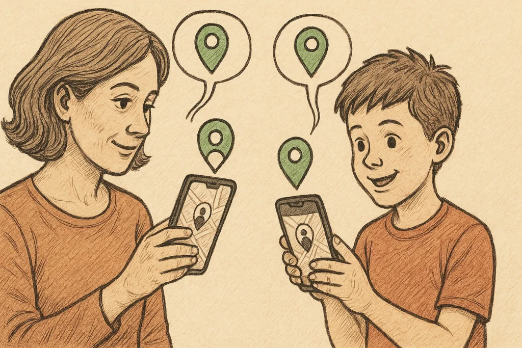 Mother and her kid share locations via their phones.