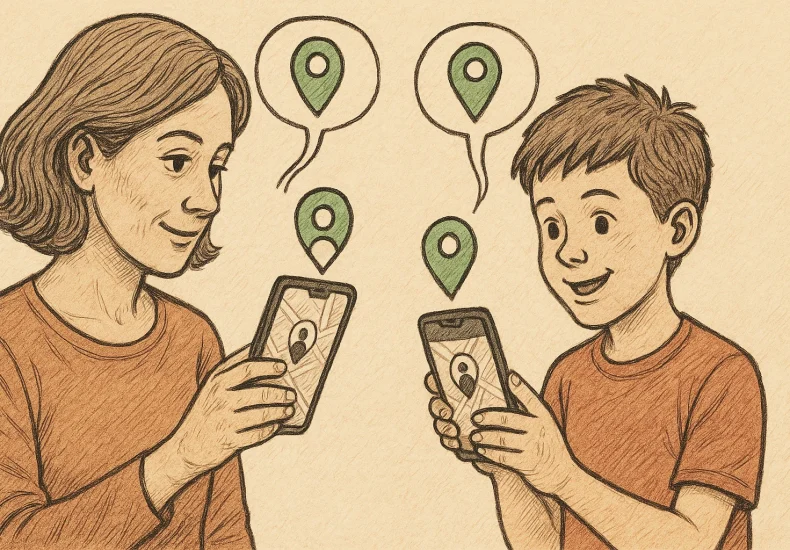 Mother and her kid share locations via their phones.