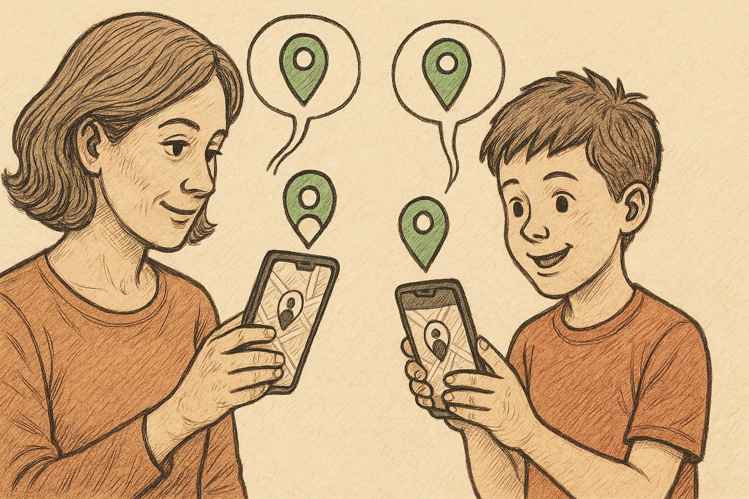 Mother and her kid share locations via their phones.