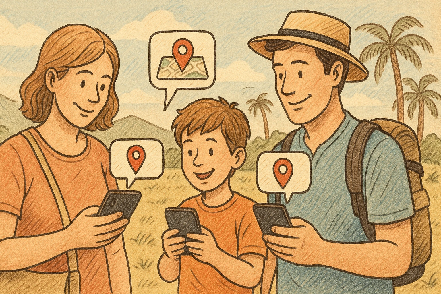 A family on a tropical vacation shares locations via the app.