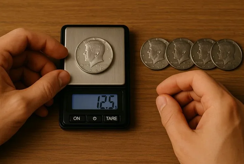 A collector weighs a 1964 silver Kennedy half dollar on a digital scale to confirm its metal group, using clad examples nearby for comparison.