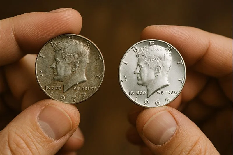 A collector compares a worn 1972 clad half dollar with a bright 1964 silver example to quickly distinguish common circulation pieces from coins with higher value potential.