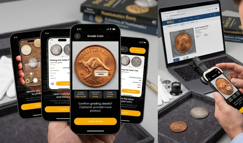 man checks the coin grade with the identification app