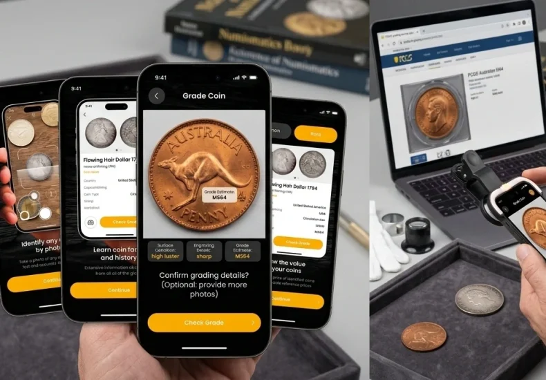 man checks the coin grade with the identification app